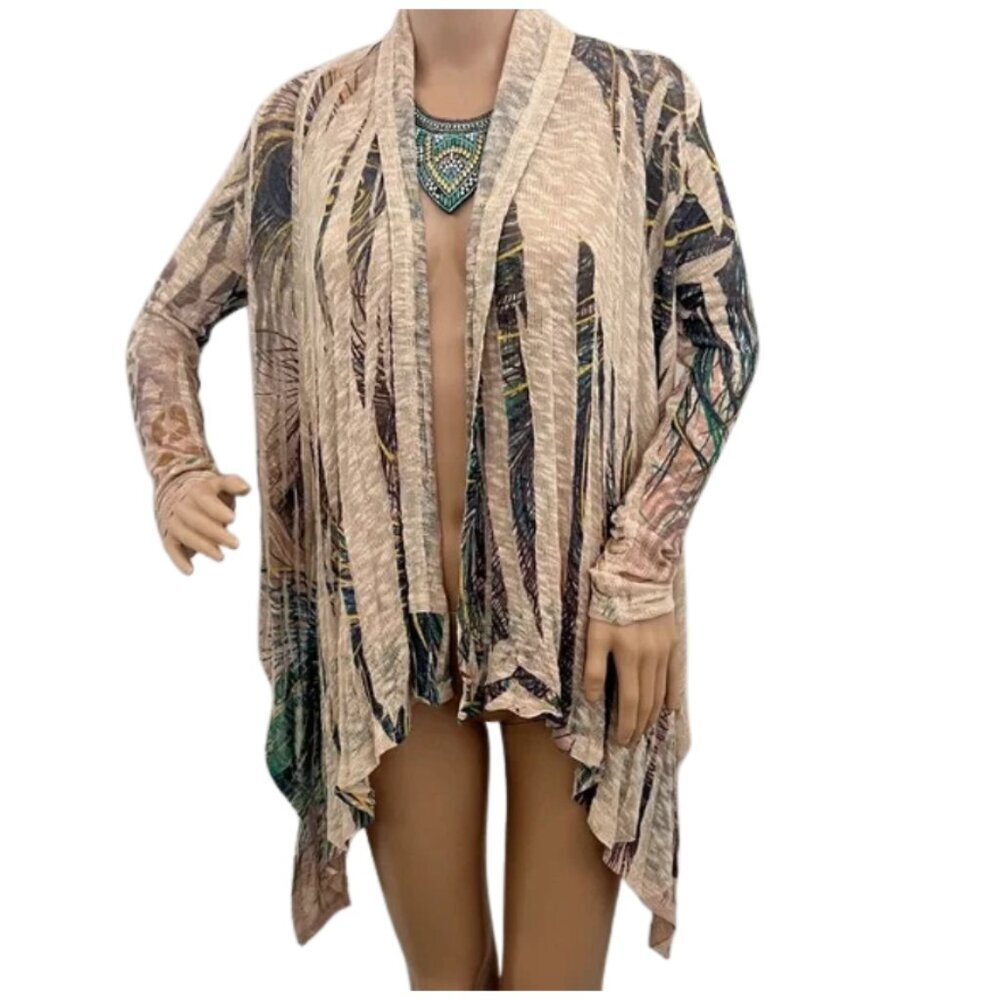Cookies Clothing Co. Hawaii Tan and Green Peacock Feather Open Cardigan - Size S